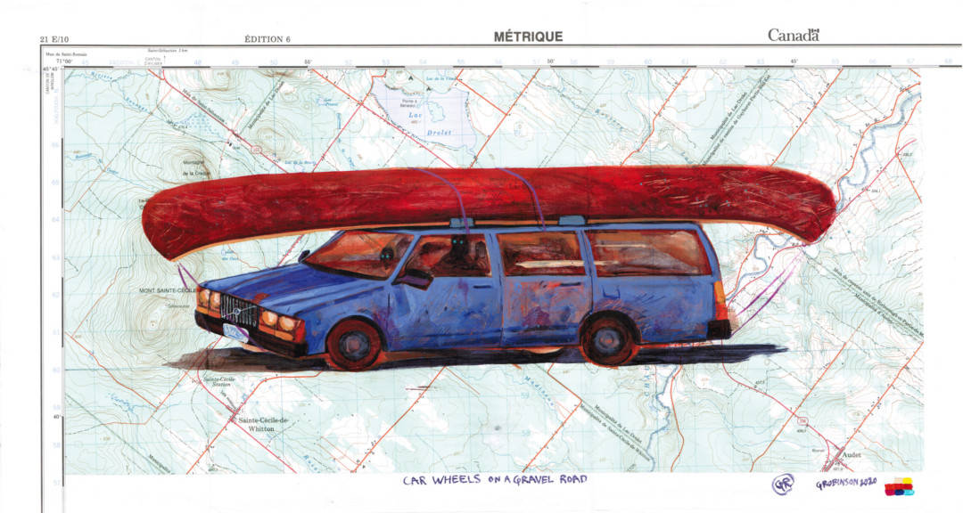 canadian art, graham robinson, artwork, fine art, artisan, painting, canoe, red canoe, portage, wanigan, camping, father and son, vintage map, map of canada, painting on map, work on paper, station wagon, volvo, lucinda williams,