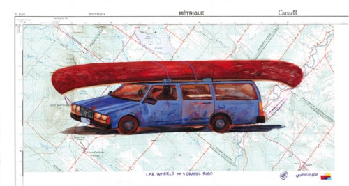 canadian art, graham robinson, artwork, fine art, artisan, painting, canoe, red canoe, portage, wanigan, camping, father and son, vintage map, map of canada, painting on map, work on paper, station wagon, volvo, lucinda williams,