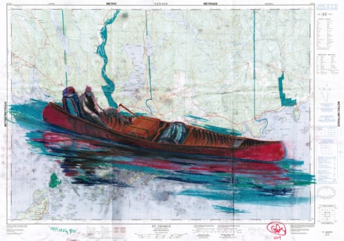 canadian art, graham robinson, artwork, fine art, artisan, painting, canoe, red canoe, portage, camping, vintage map, map of canada, painting on map, work on paper, death, funeral, alcoholism, alcoholic, sober, sobriety, loudon wainwright, dirge, loss, grief, loneliness, widower,