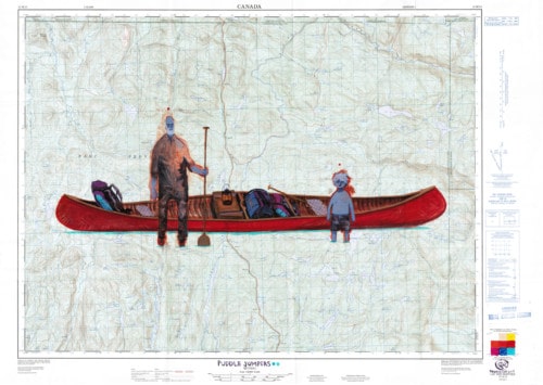 canadian art, graham robinson, artwork, fine art, artisan, painting, canoe, red canoe, portage, camping, vintage map, map of canada, painting on map, work on paper, father, son, father and son, boy, child, wilderness