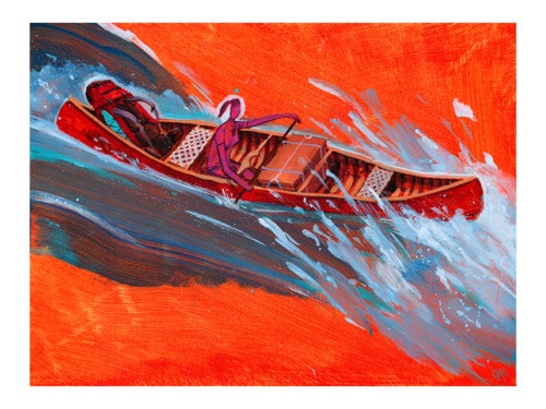 canadian art, graham robinson, artwork, fine art, artisan, painting, canoe, red canoe, portage, wanigan, camping, whitewater,