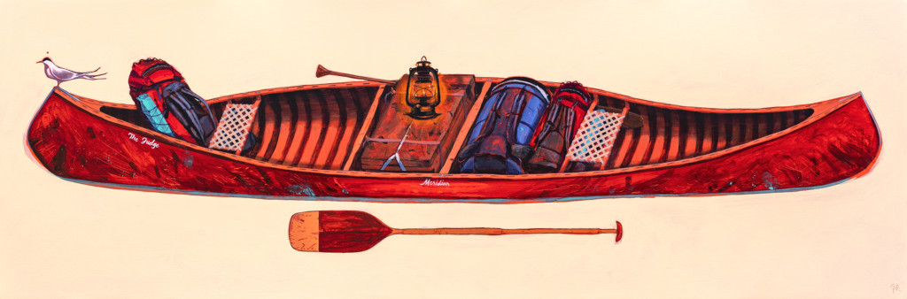 canadian art, graham robinson, artwork, fine art, artisan, painting, canoe, red canoe, portage, wanigan, camping, lantern, blue barrel,